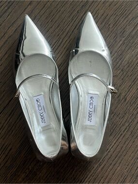 Jimmy Choo Silver Pointed Mary Jane Flats